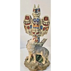 Wolf Figurine with Totem Pole Statue Native Style Decor 9" Tall Resin